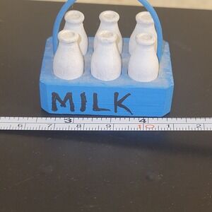 Vintage Wooden Milk Crate w/ Mini Milk Bottles Folk Art Farm Decor Blue